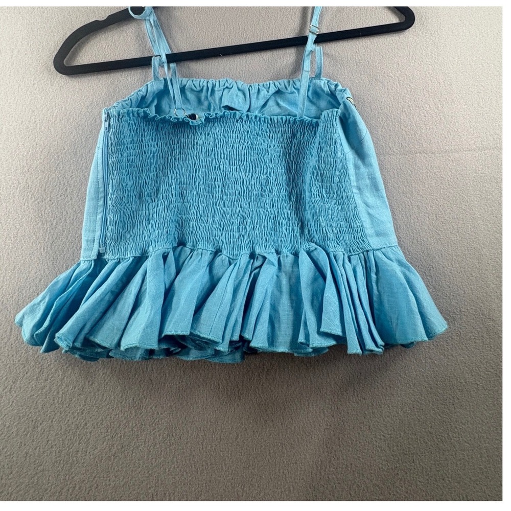 Fanm Mon Blue Linen Butterfly Embroidered Peplum Cami Top NWT Size Medium - Picture 2 of 7